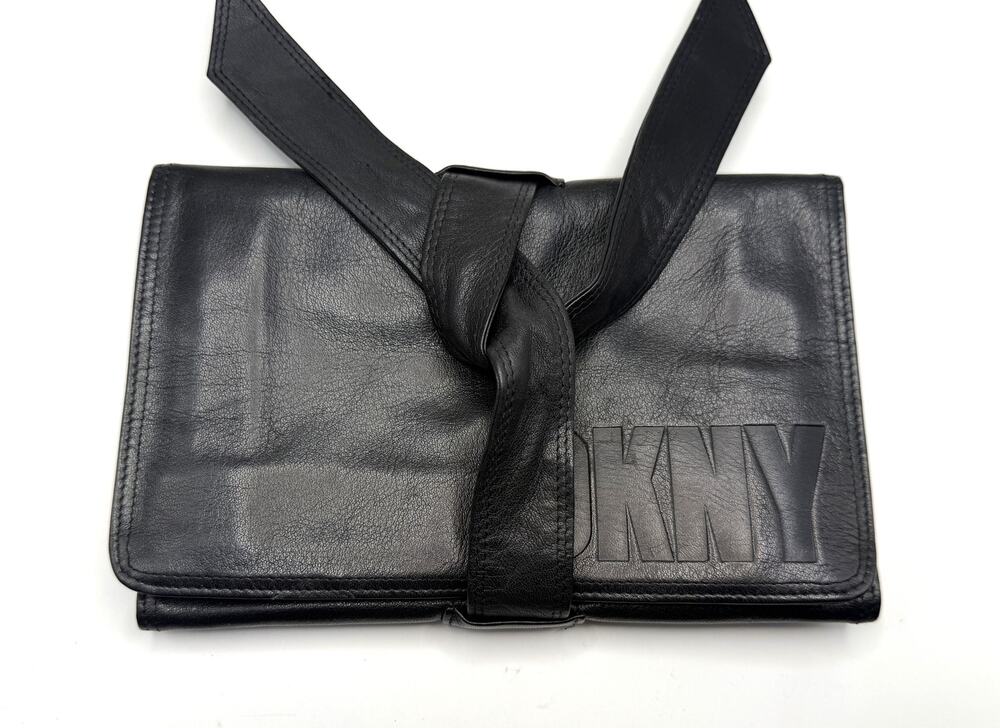 VTG 90’s DKNY Soft Black Leather Trifold Wallet wrap-tie Closure